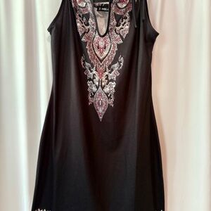 Women's Black Sheilay Sleeveless Dress with Red & White Indian Motif - Small